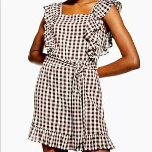 Topshop Brown White Gingham Plaid Ruffle Dress 12